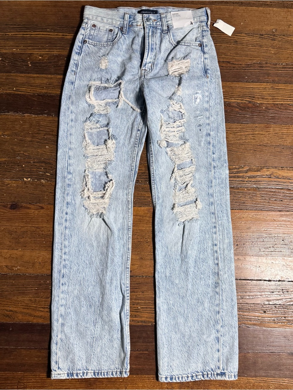 Aeropostale Womens Blue Distressed Denim 90s Baggy Straight wide leg Jean Size 2